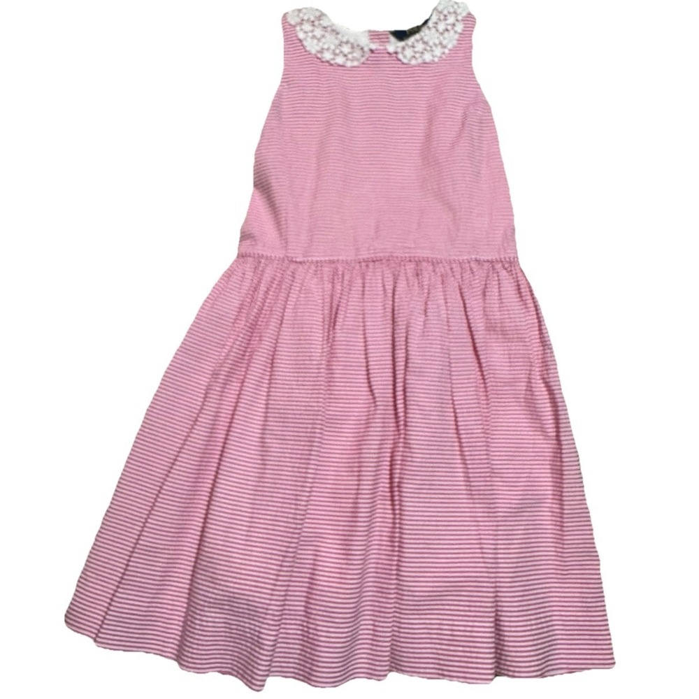 Polo Ralph Lauren Girls Pink & White Striped Dress Sz 12 Lace Collar Cotton